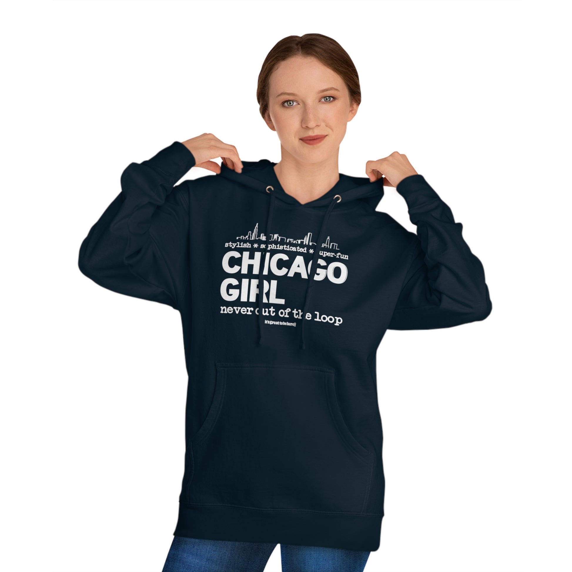 Chicago Girl Womens Hoodie (Black Feather) || www.GreatToBeHere.com || Funny T-Shirt, Copyright 2024 Festa Parties Incorporated