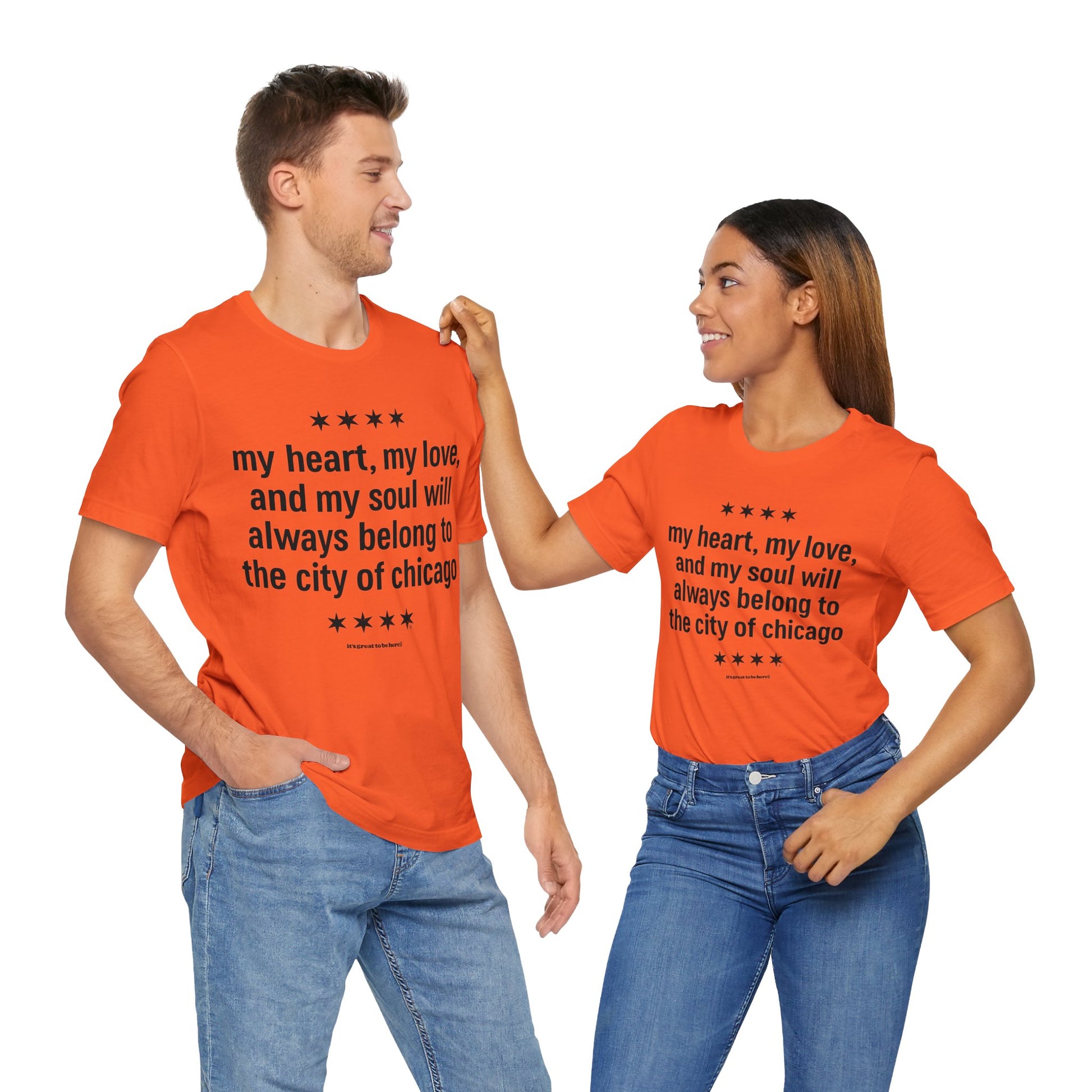 Chicago Heart and Soul Unisex Tee Shirt (Orange) || www.GreatToBeHere.com || Funny T-Shirt, Copyright 2024 Festa Parties Incorporated