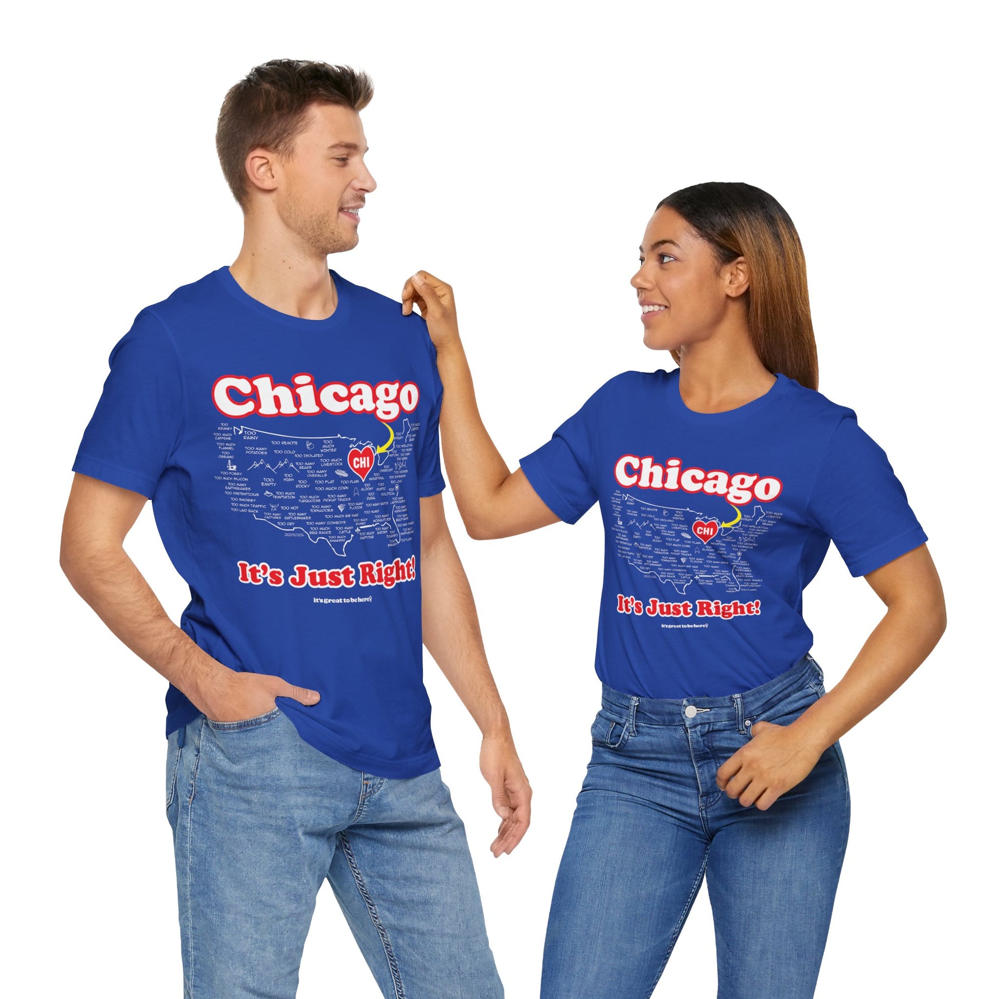 Chicago Unisex Tee Shirt (Cascade Twilight) || www.GreatToBeHere.com || Funny T-Shirt, Copyright 2024 Festa Parties Incorporated