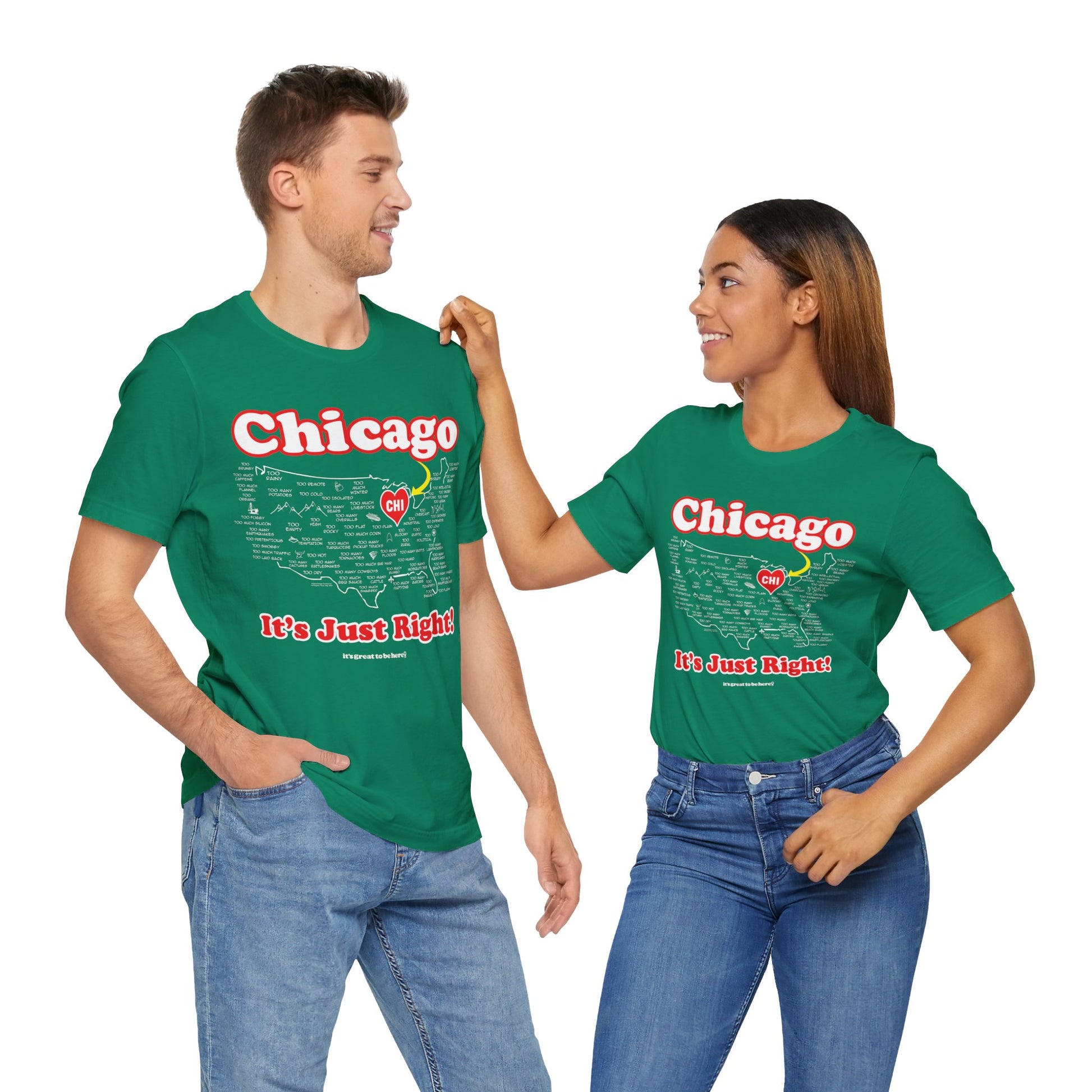 Chicago Unisex Tee Shirt (Verdant Green) || www.GreatToBeHere.com || Funny T-Shirt, Copyright 2024 Festa Parties Incorporated