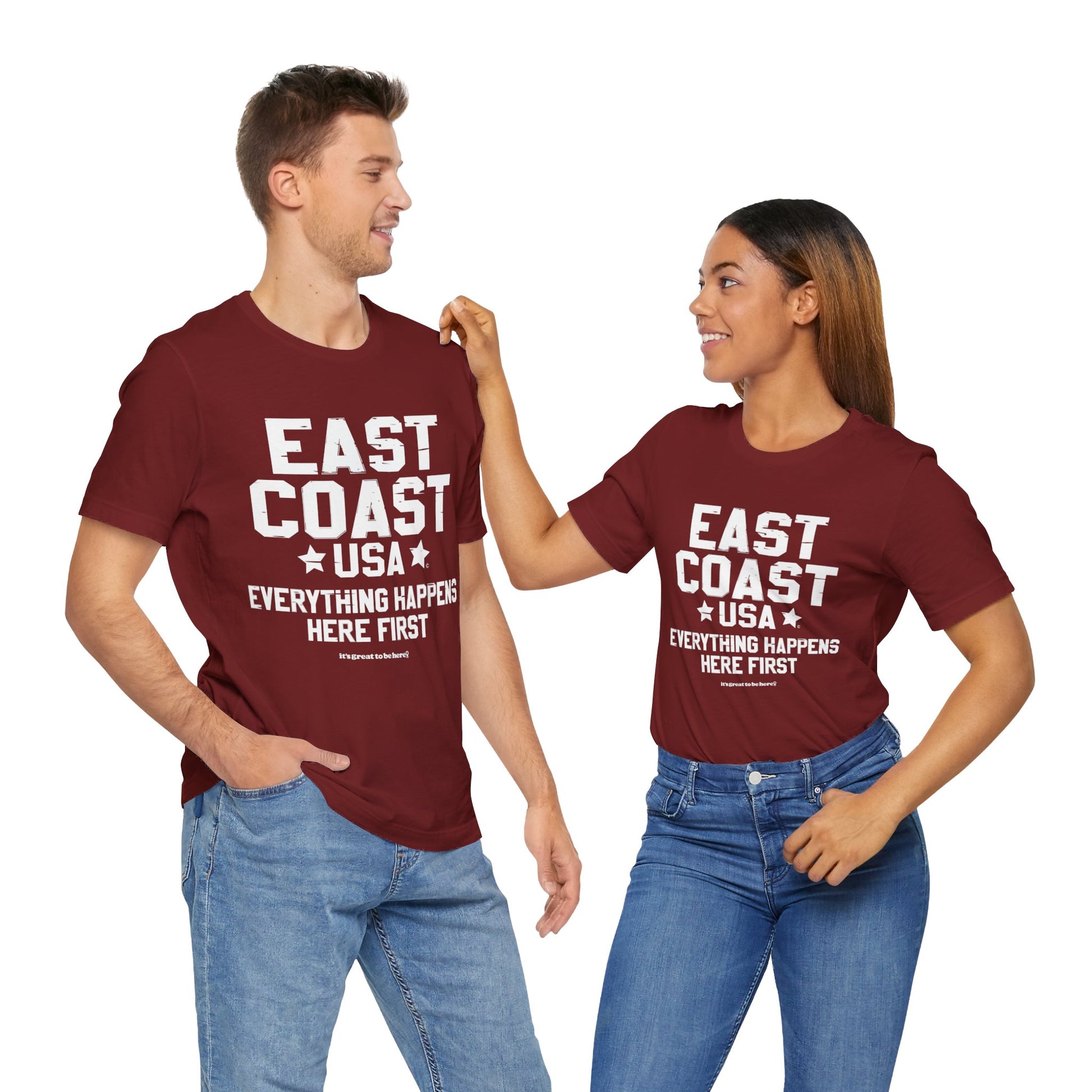 East Coast Unisex Tee Shirt (Azuki Red) || www.GreatToBeHere.com || Funny T-Shirt, Copyright 2024 Festa Parties Incorporated