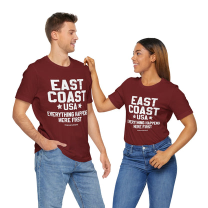East Coast Unisex Tee Shirt (Azuki Red) || www.GreatToBeHere.com || Funny T-Shirt, Copyright 2024 Festa Parties Incorporated