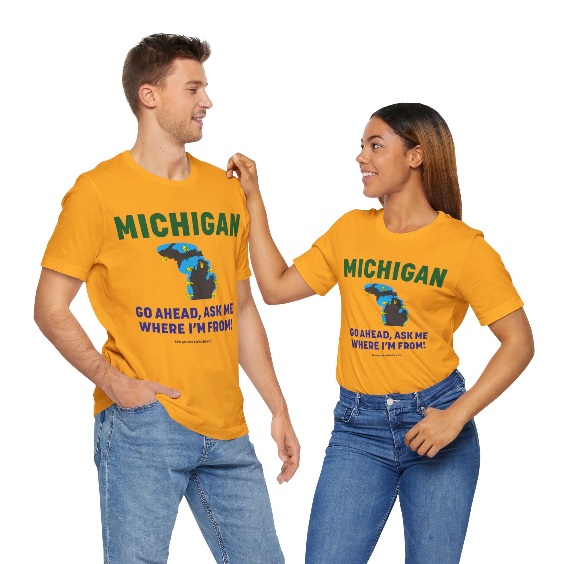 Michigan Unisex Tee Shirt (Lightning Yellow) || www.GreatToBeHere.com || Funny T-Shirt, Copyright 2024 Festa Parties Incorporated