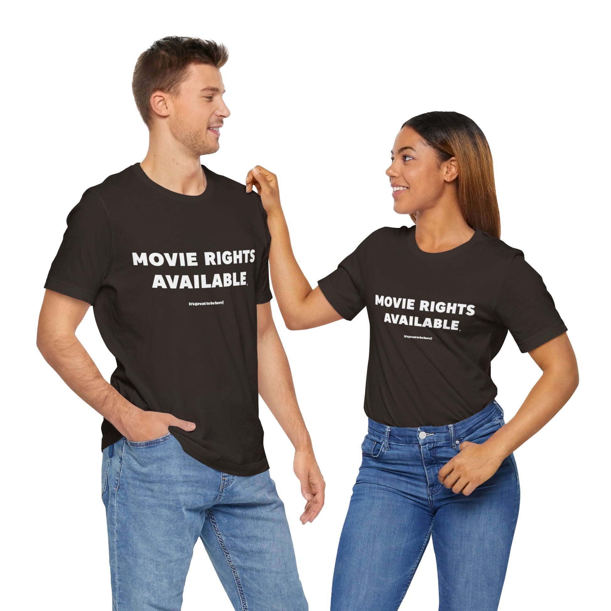 Movie Rights Available Unisex Tee Shirt (Asphalt) || www.GreatToBeHere.com || Funny T-Shirt, Copyright 2024 Festa Parties Incorporated