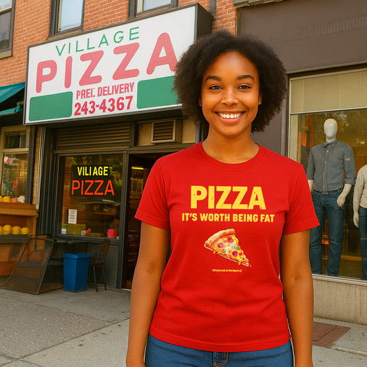 Pizza, It's Worth Being Fat - Funny Tee Shirt from GreatToBeHere.com (C)